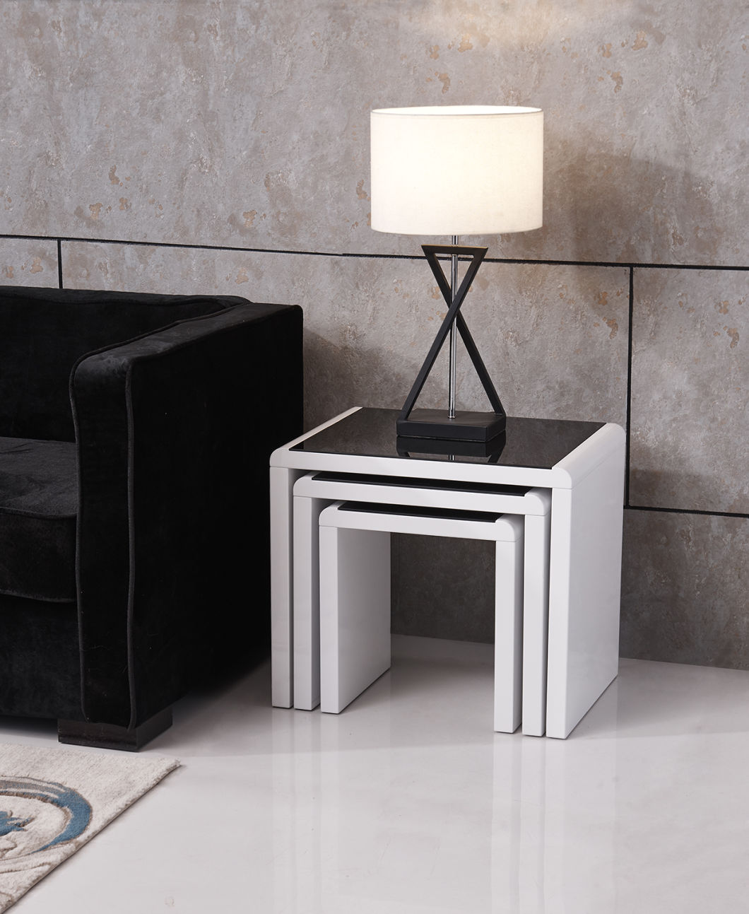 Home Furniture White Nesting Coffee Table/Tea Table/Coffee Side Table with Black Tempered Glass