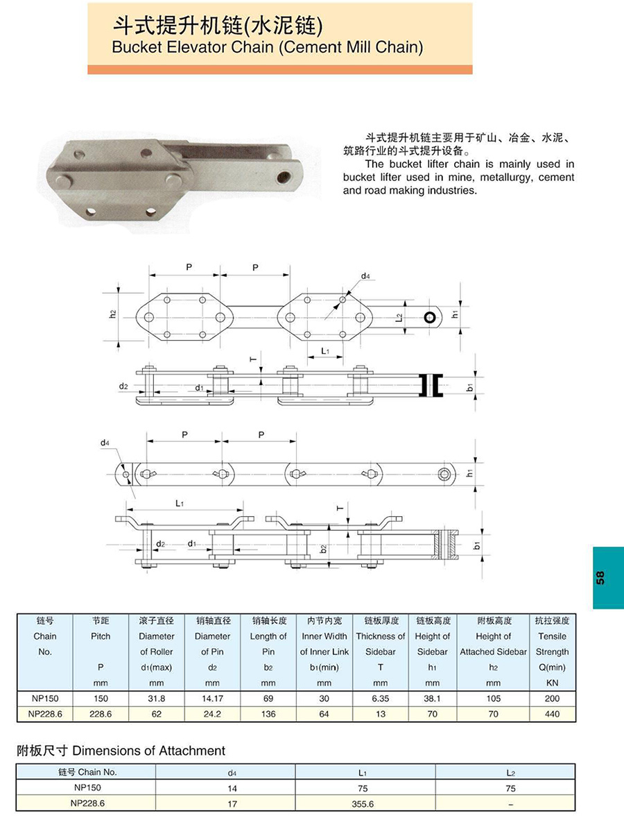 P150-2L, P100-4L, P200-2L Bucket Elevator Conveyor Chain for Cement Mill Industry