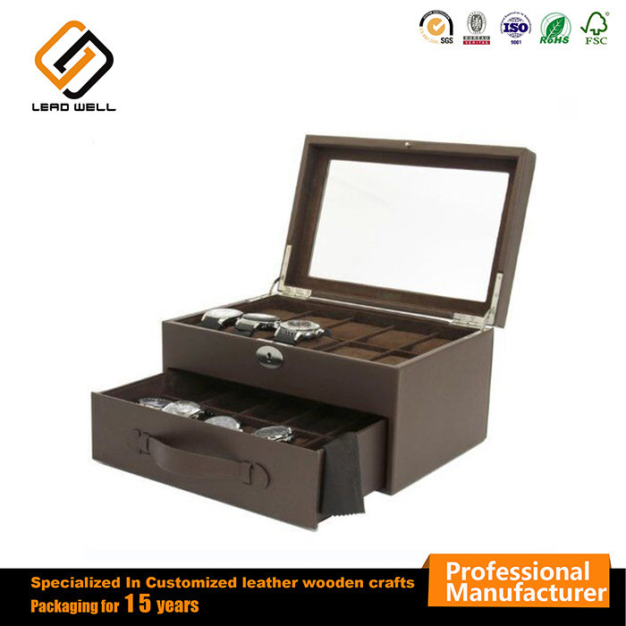 20 Brown Luxury Glass Leather Watch Storage Case Box