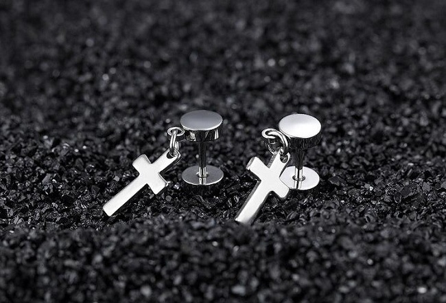 Black Barbell Dumbbell Cross Earrings Stud for Men Women Stainless Steel Double Sided Earring Piercing Jewelry