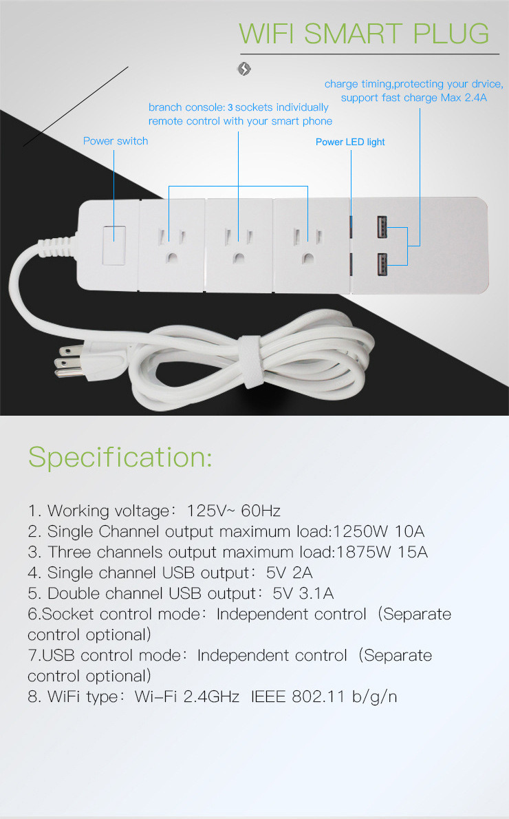 USB Socket WiFi Smart Power Strip Alexa Voice Control