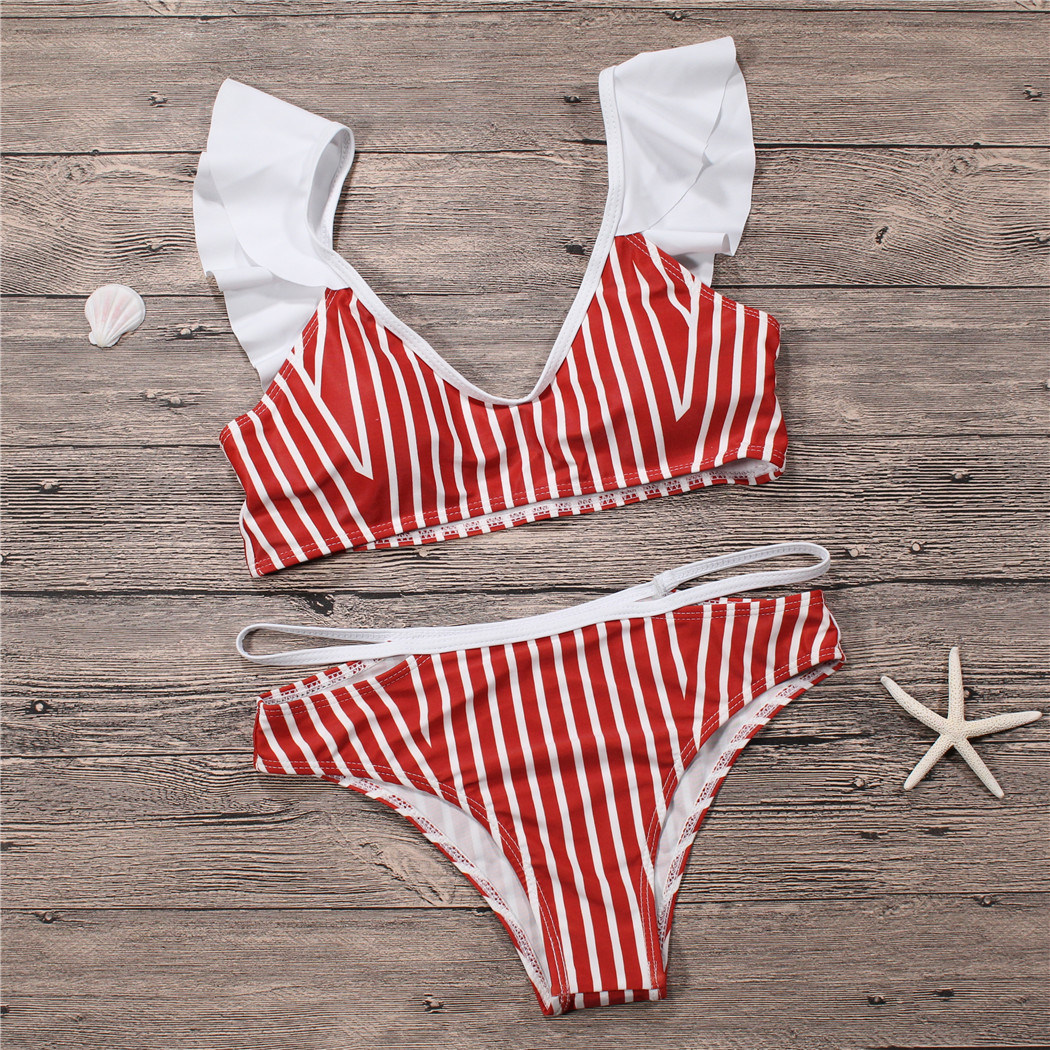 Stripe Two Piece Sexy Bikini Nylon Swimsuit for Woman