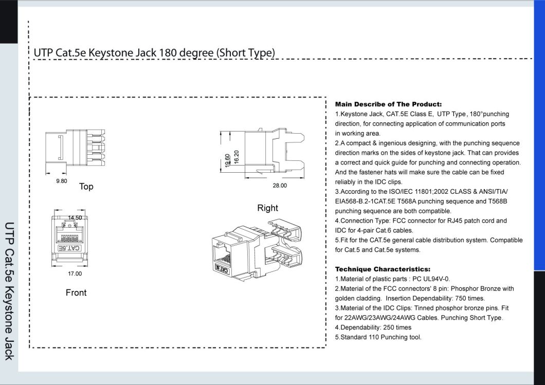 Best Price UTP Cat5e Keystone Jack 180 Degree Short Type