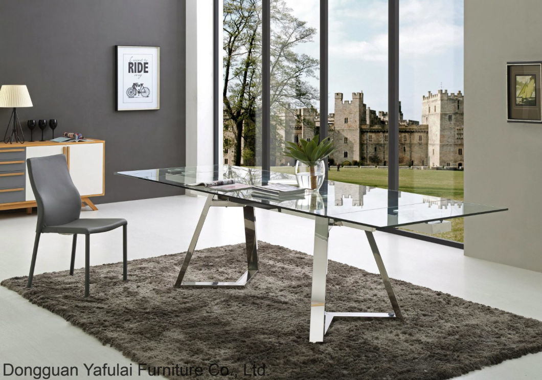 Modern Classic Extension Clear Glass Steel Dining Table Home Furniture