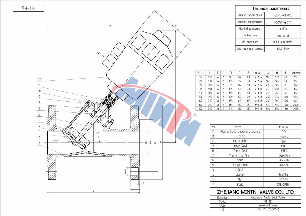 Pneumatic Cylinder Actuated Y-Type Control Valve Flow Direction Below Seat/Above Seat Normally Open/Close