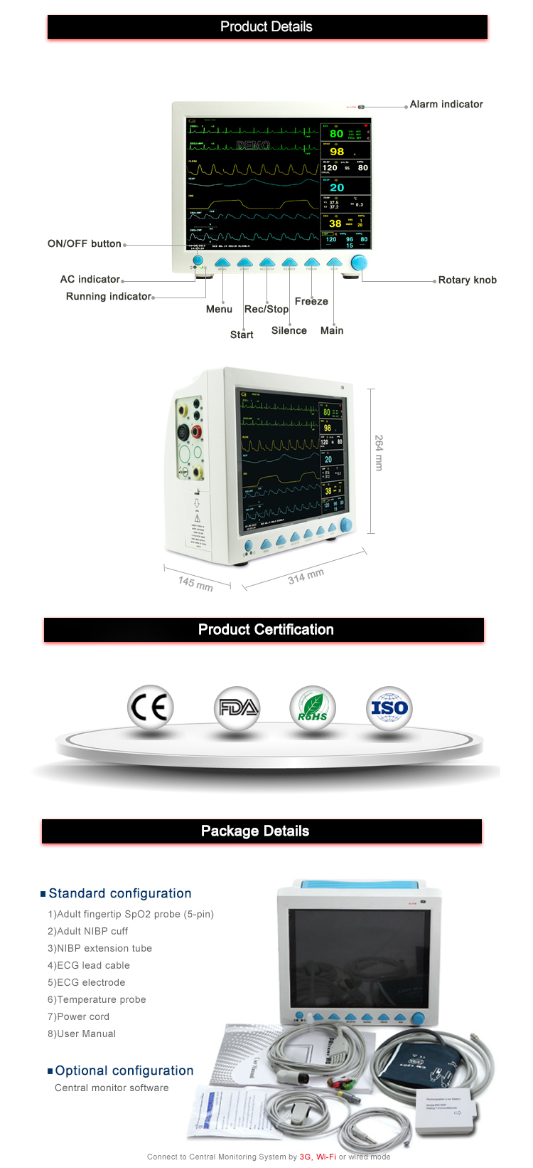 Contec Cms8000 Cheap Multi-Parameter Beside Portable Cardiac ECG Patient Monitor FDA