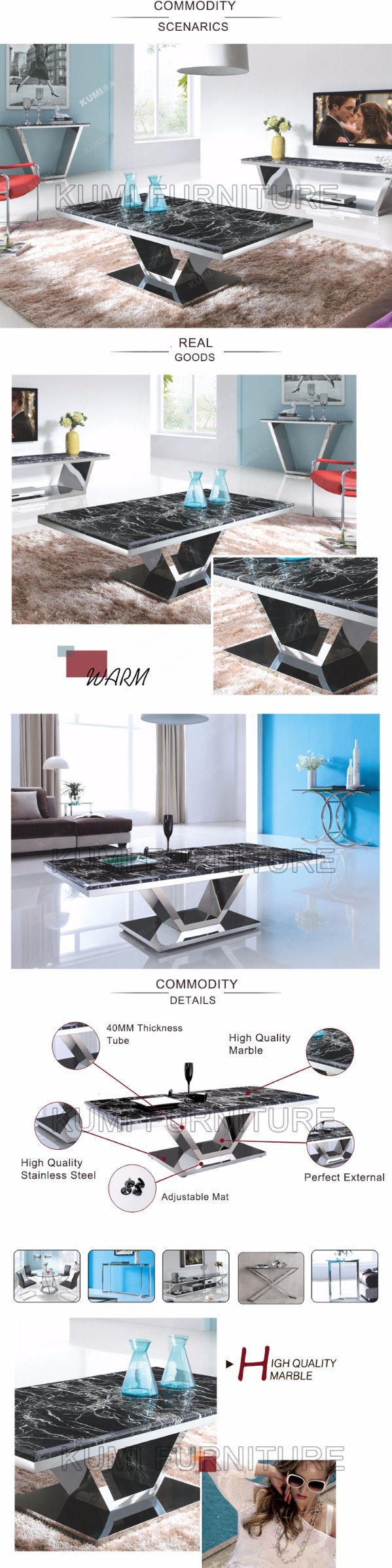 Home Furniture Stainless Steel Marble Top Coffee Table