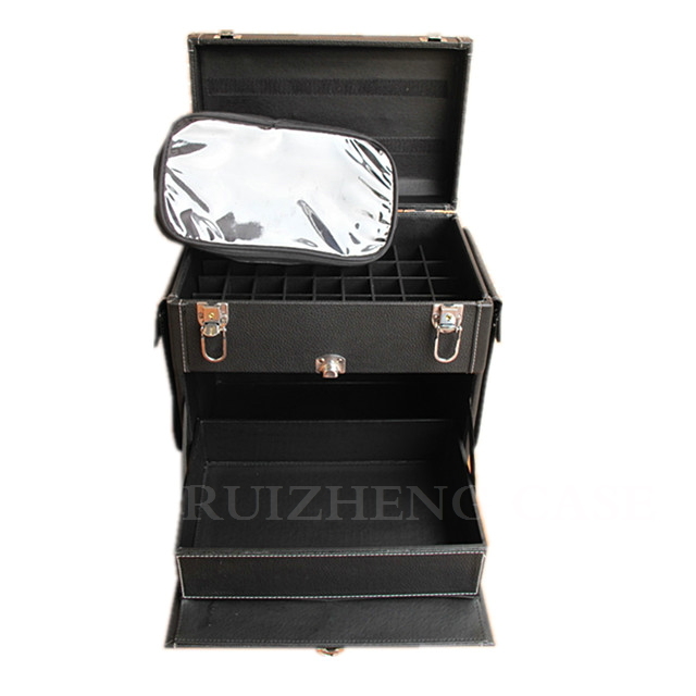 Black PU Leather Trolley Tattoo Nail Polish Storage Case