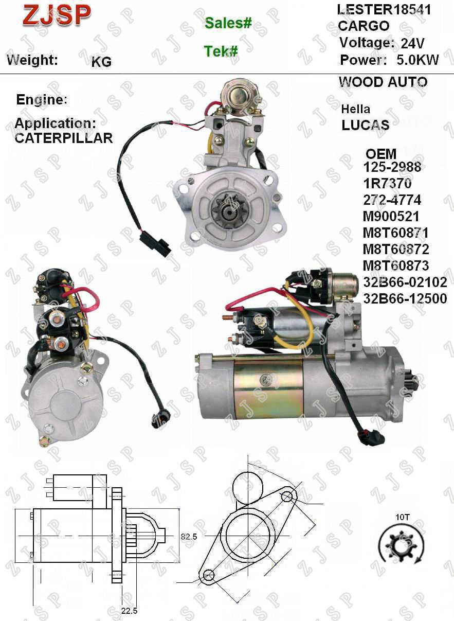 MITSUBISHI Starter ZJS-MB-042	125-2988 1R7370 272-4774 M900521 M8T60871 M8T60872 M8T60873 32B66-02102 32B66-12500	18541 24V/5.0KW	10T	CW