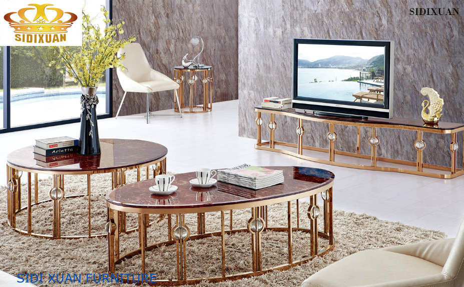 Modern Living Room Luxury Oval Marble Golden Stainless Steel Tea Coffee Table