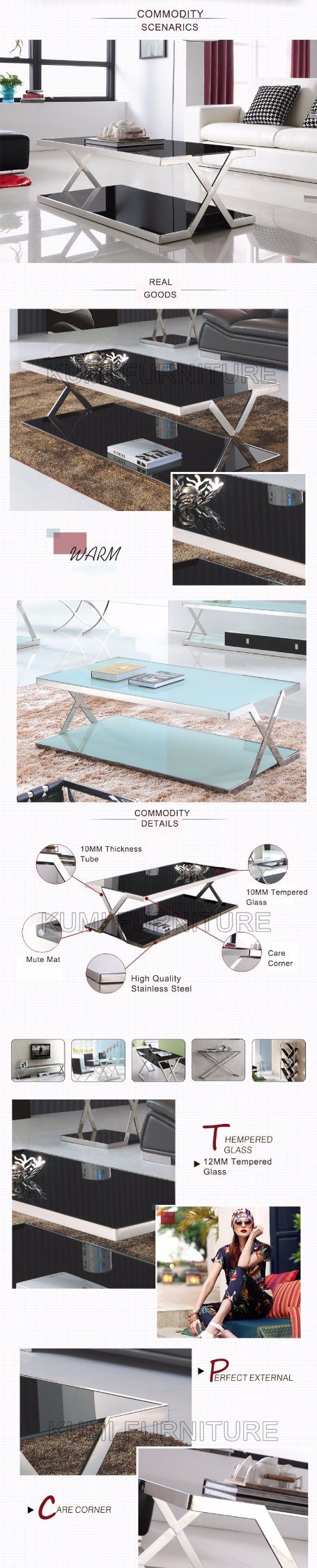 Rectangle Glass Coffee Table with Stainless Steel