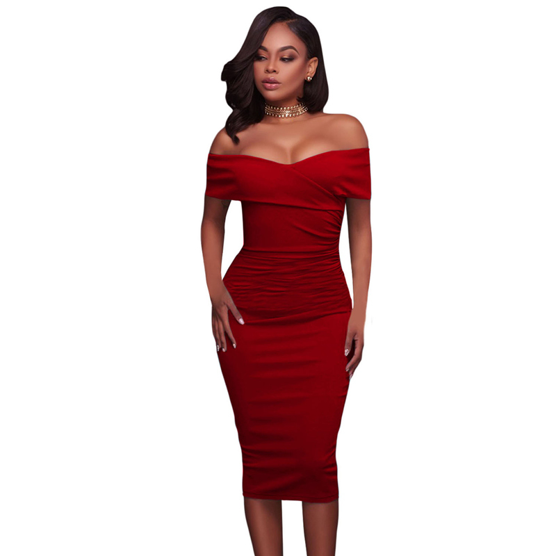 Fashion Women Ladies Red Ruched off Shoulder Prom Evening Dress