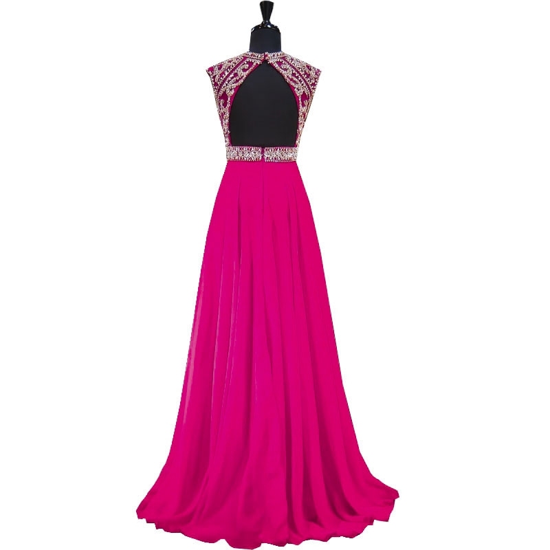 Fuchsia Prom Party Gowns Beaded Evening Hollow Back Chiffon Evening Cocktail Dresses Y1033