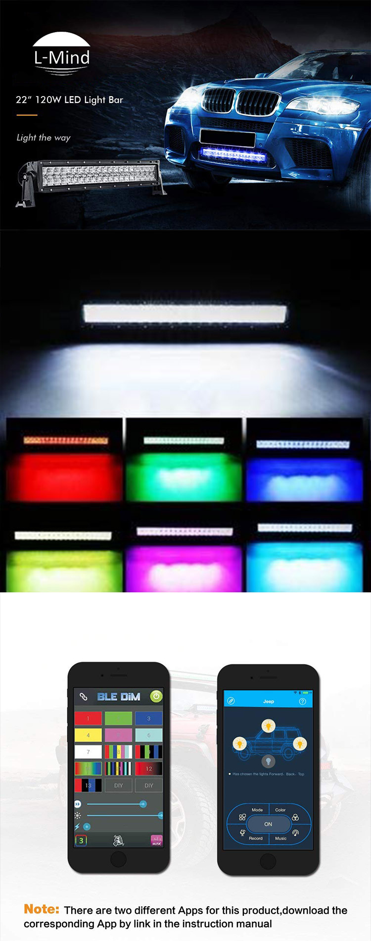 Bluetooth APP Control&Wiring Harness Multi-Color 5D 120W CREE 22 Inch RGB LED Light Bar