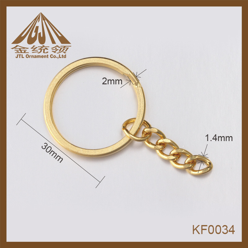 Fashion Nice Quality Gold Color Flat Key Ring with Chain in Bulk