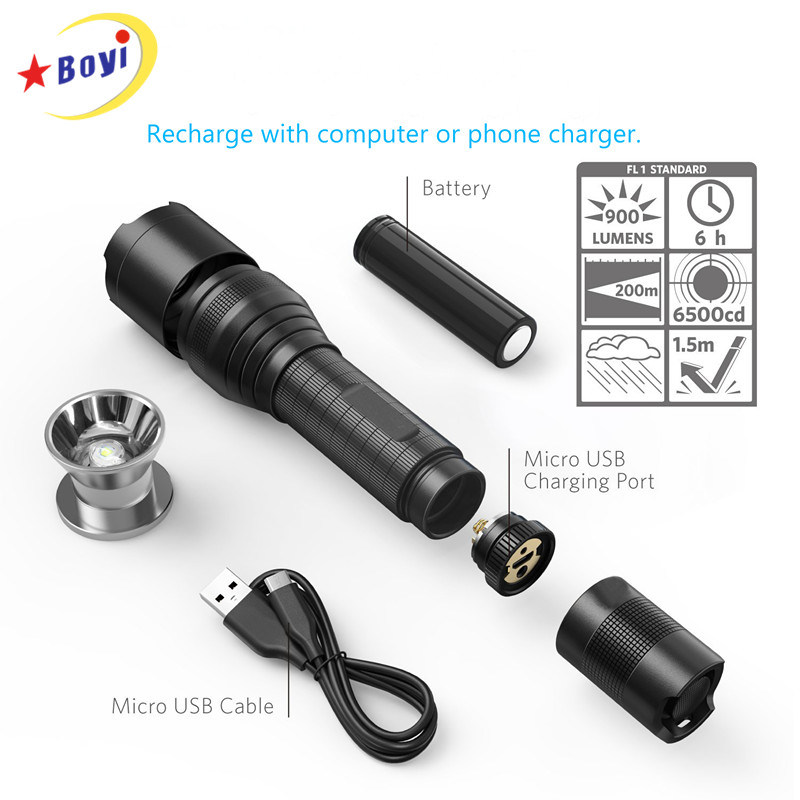 5 Light Modes IP65 Super Bright Zoomable Rechargeable Tactical LED Flashlight