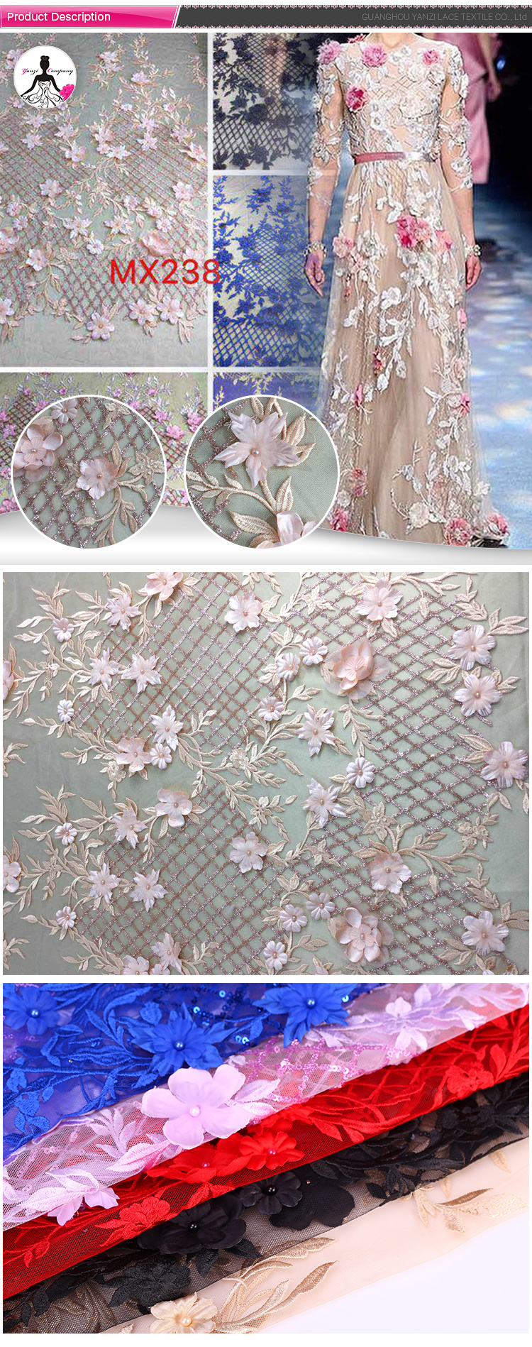 Factory Price Flat 3D Flower Embroidered Pearl Chemical Fabric Lace