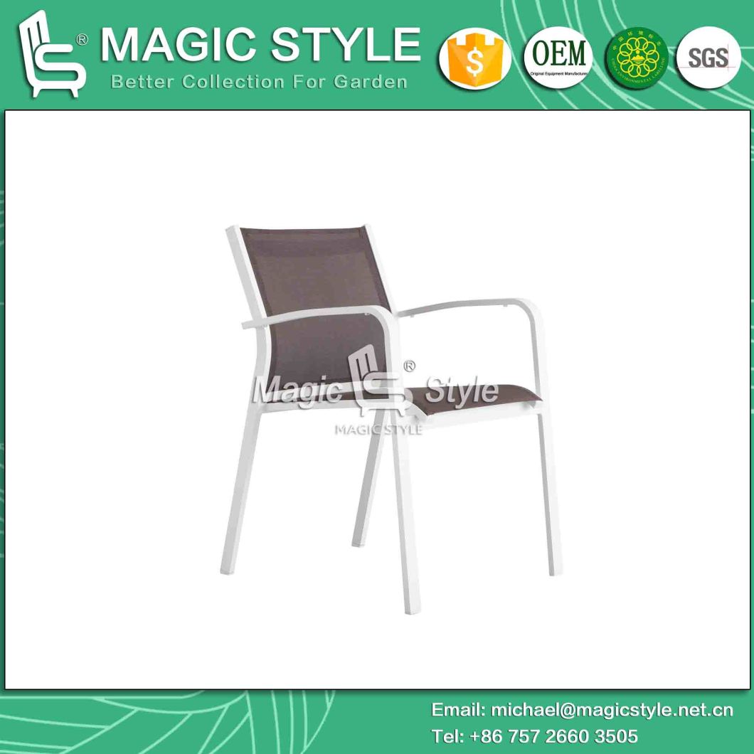 Outdoor Textile Dining Set Garden Sling Chair Extension Table with Glass Textile Dining Armchair Stackable Chair