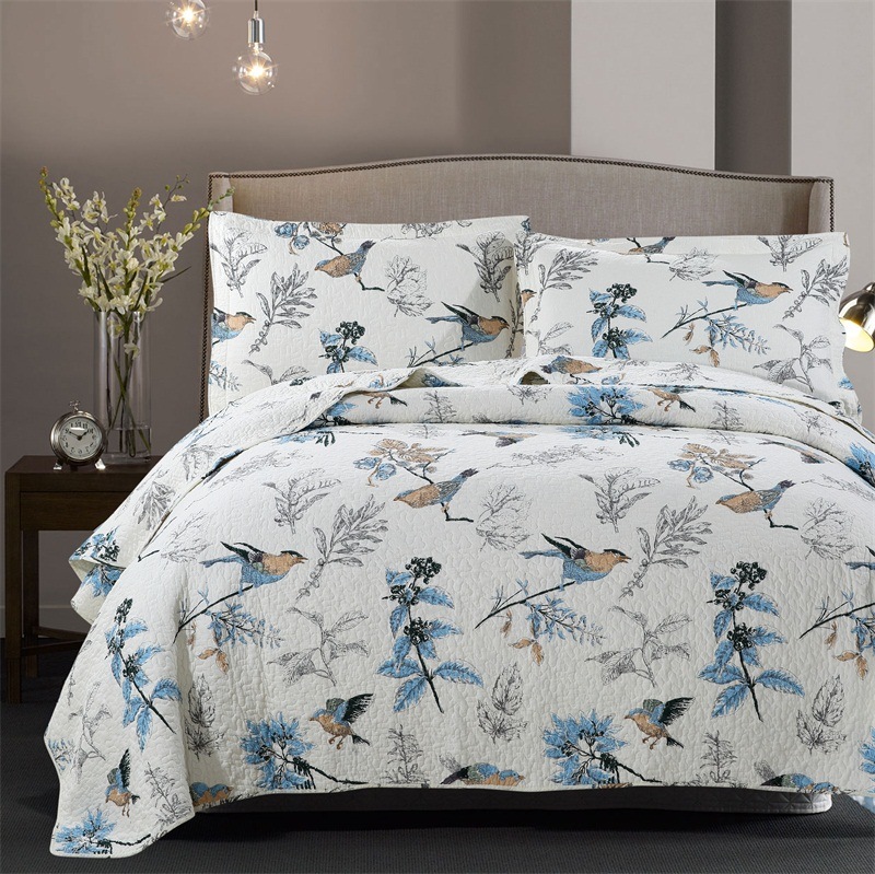 100% Cotton Bird Printed Bedspread Home Bedding Set