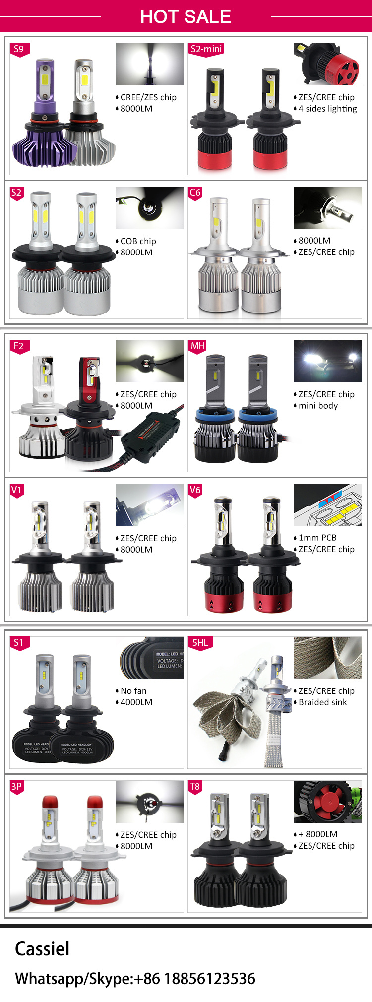 3 Color 12V Car H7 Headlight Kit X3 H8 H13 9004 9006 9007 H4 LED Headlamp