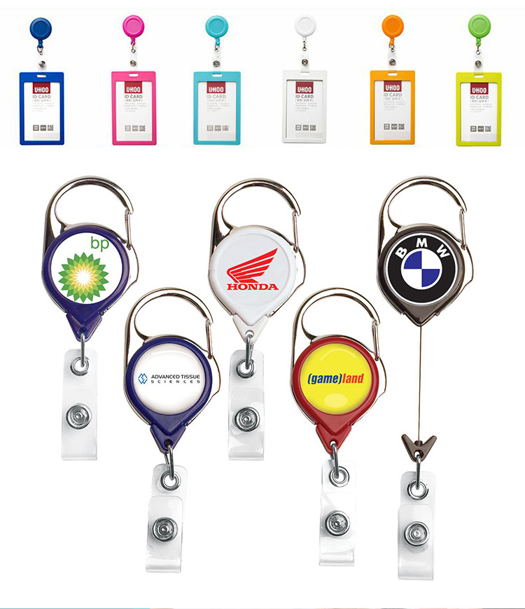 High Quality Custom Retractable Plastic Badge Reel Customized Design Printed Logo Yoyo Alligator Clip Carabiner Key Chain Lanyard Mini Metal Pull ID Card Holder