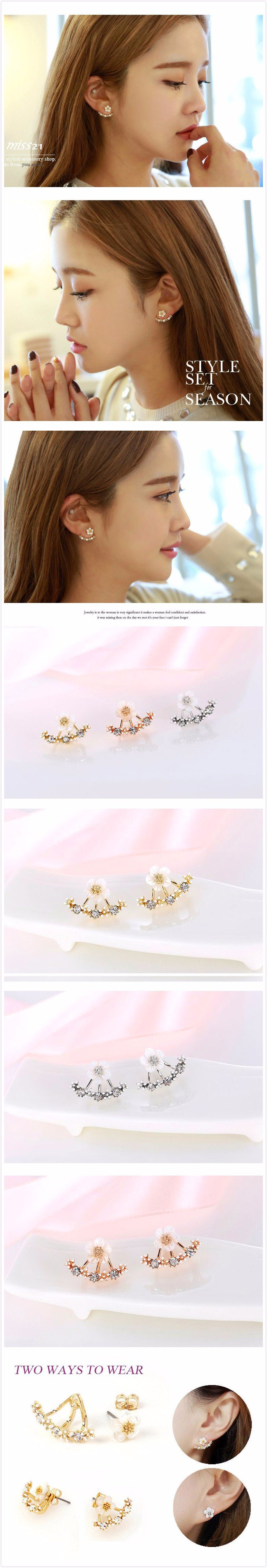 Rose Gold Color Double Sided Flower Crystals Stud Earrings