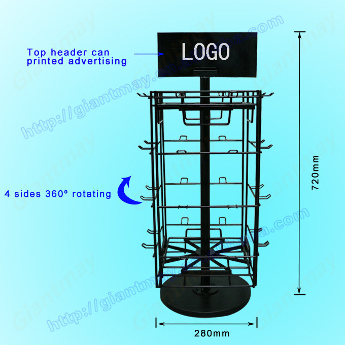 Tabletop Metal Rotating 4 Sided Wire Shelving Hanging Display Exhibition Rack with Hooks