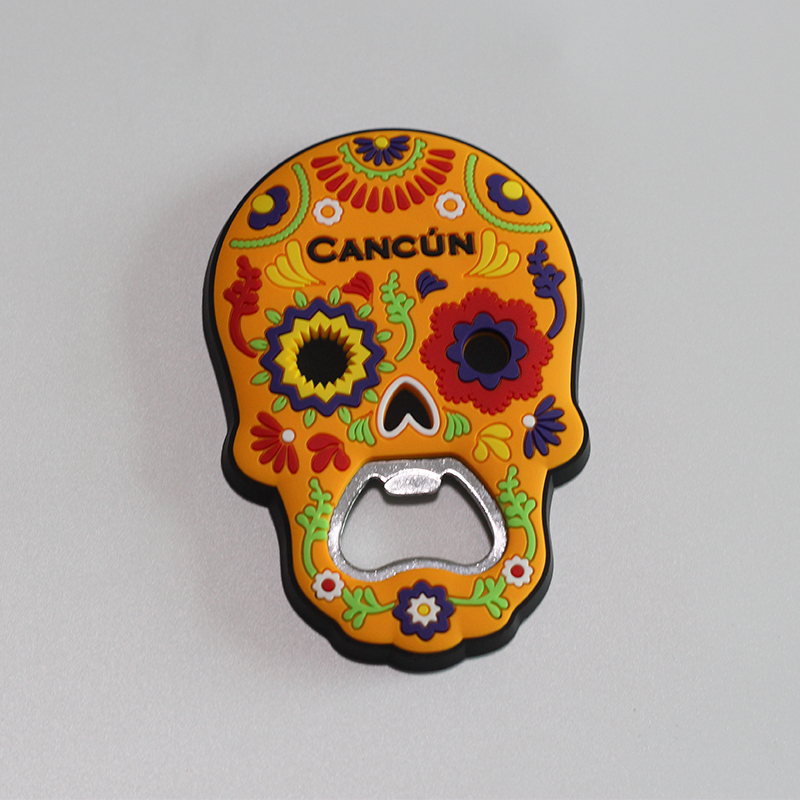 Skull Shape Decorated PVC Fridge Magnets with Bottle Opener Function