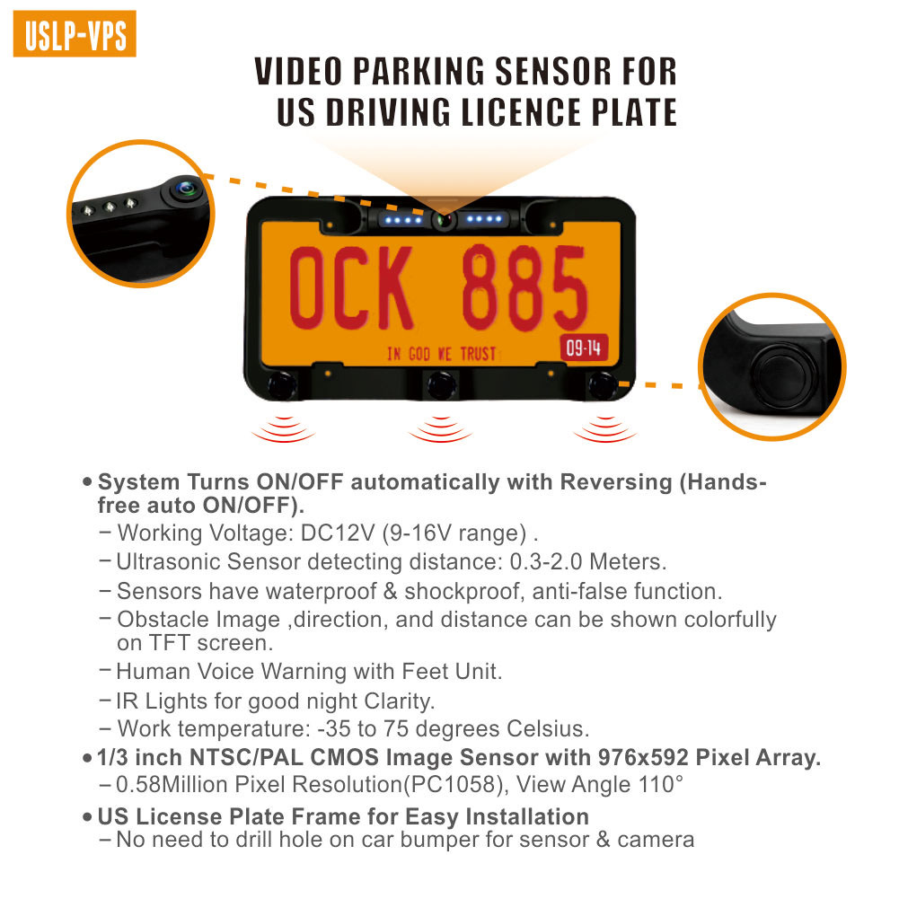 Us Driving Licence Auto Plate Video Parking Sensor System with 8 IR Rights and Human Voice for Car Parking