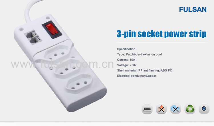 3 Outlets RJ45 Brazil Power Strip 3m