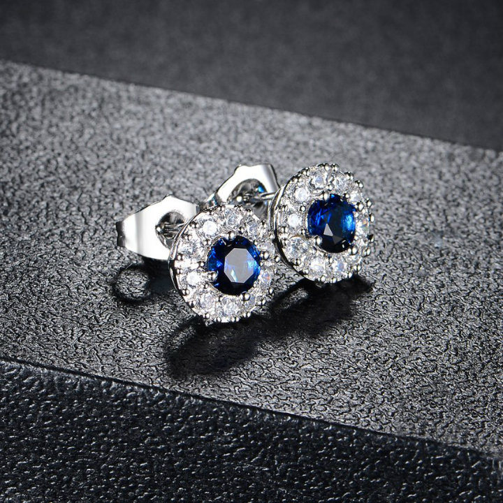 Engagement Wedding Blue Zircon Stone Stud Jewelry Earring