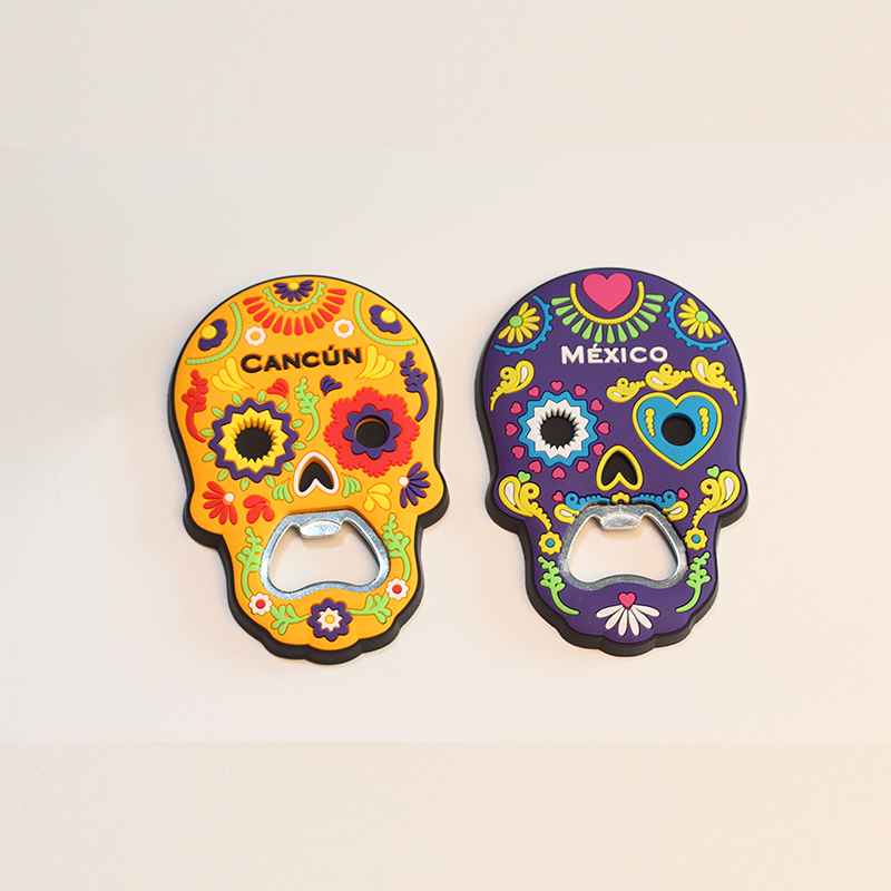 Skull Shape Decorated PVC Fridge Magnets with Bottle Opener Function