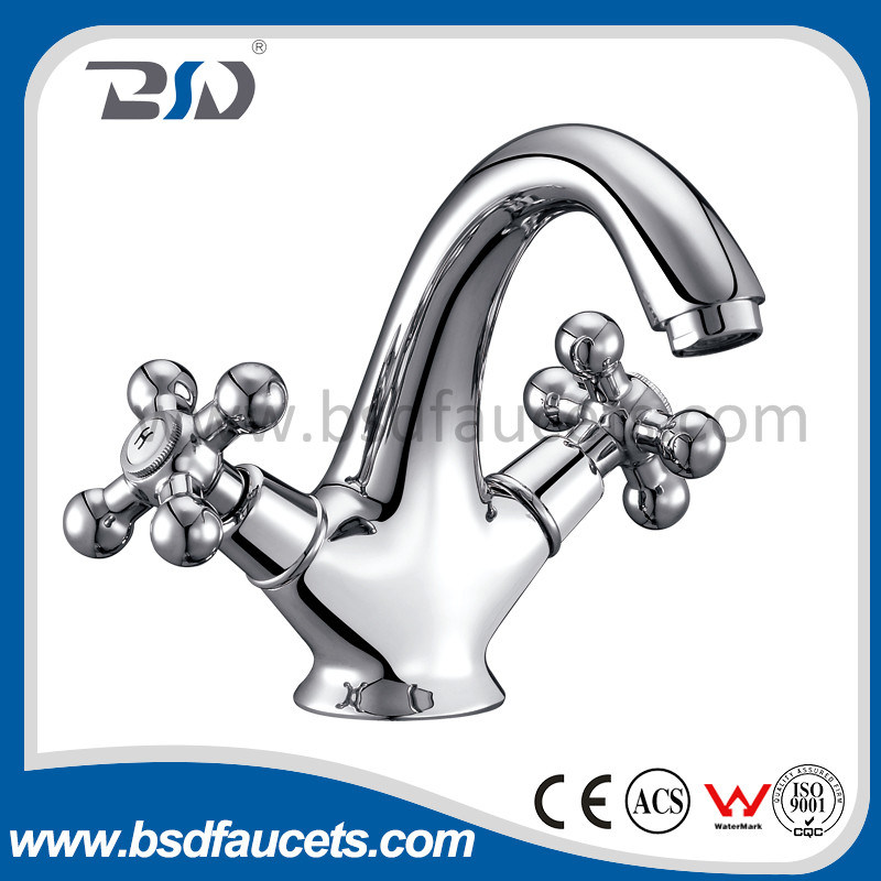 Double Cross Handle Lavatory Chrome Swan Neck Basin Mixer Faucets