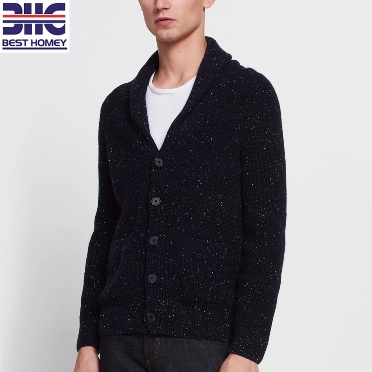 Flocked Shawl Collar Long Sleeve 100% Wool Knitted Button Sweater Cardigans for Mens
