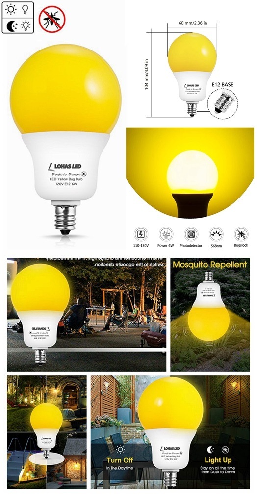 A19 6W E12 Dusk to Dawn Yellow Bug Light Sensor Auto on off Bulb for Indoor Outdoor Using