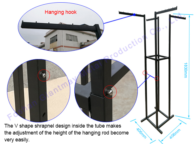 Garment Black Iron Apparel Hanging Clothes 4 Way Clothing Display Rack for T-Shirt