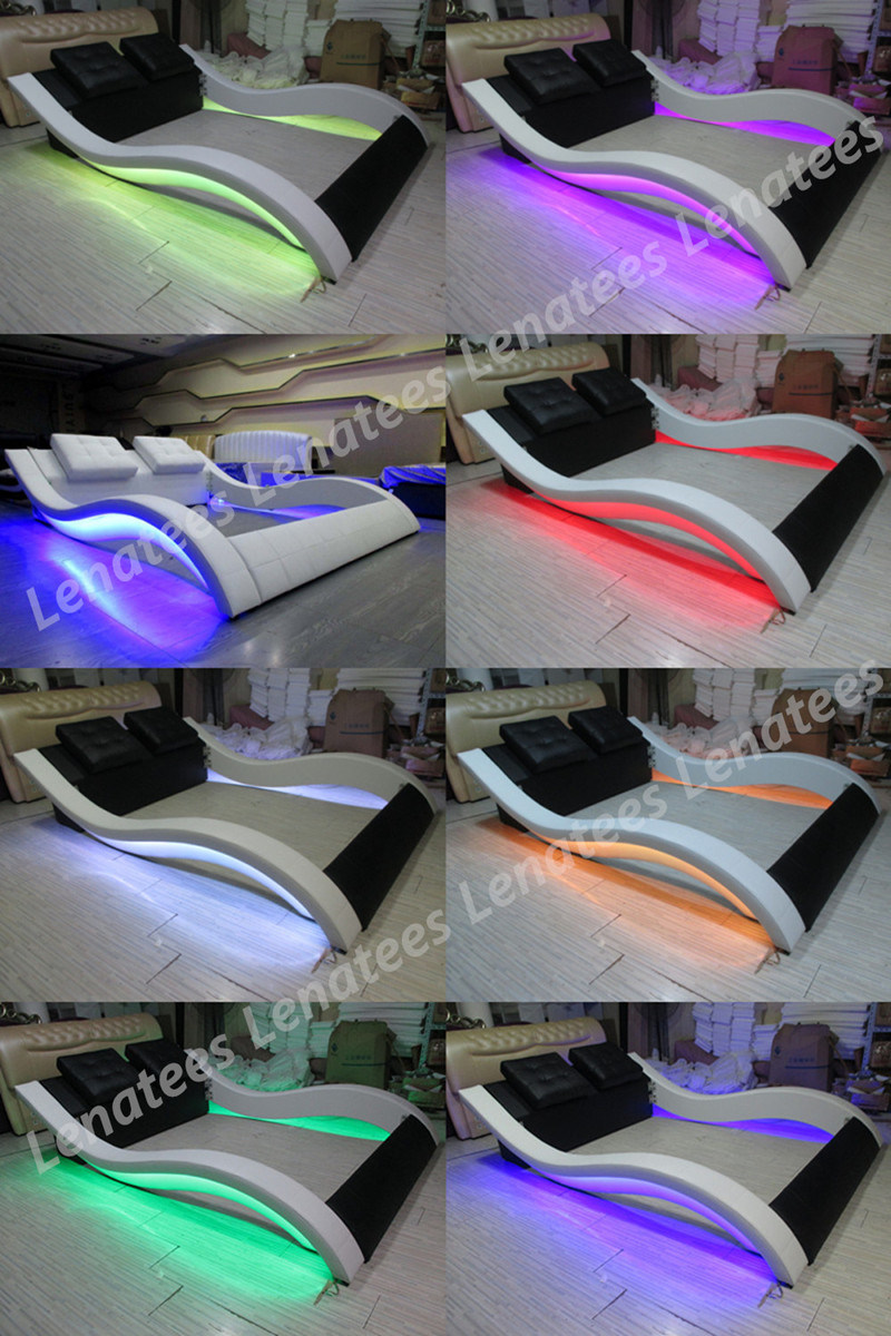 A021 Bedroom White Leater Bed with LED Light