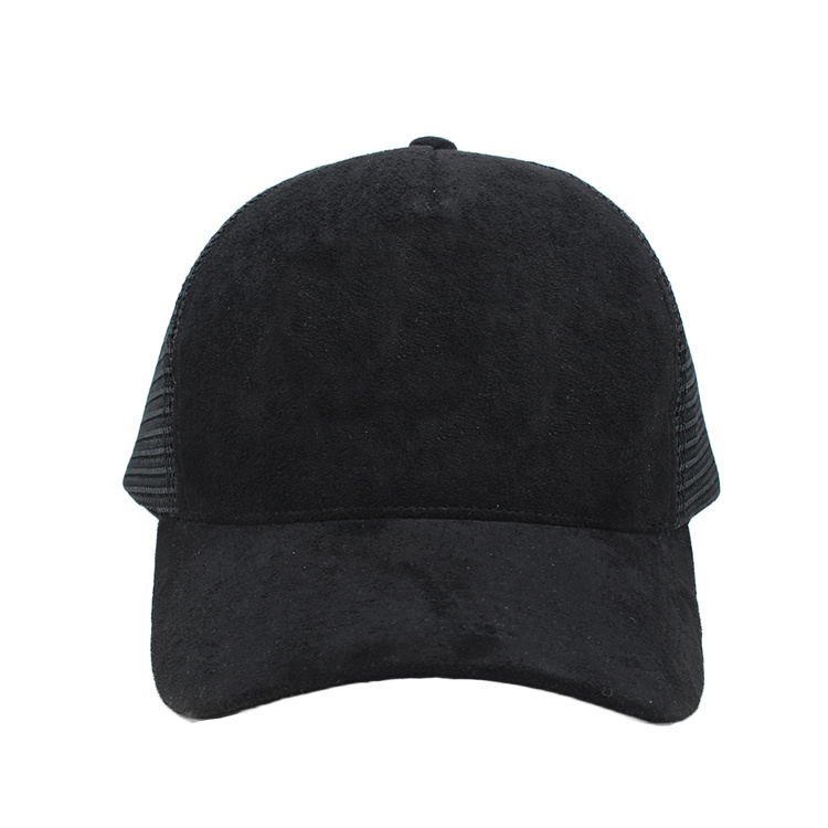 Custom Plain Blank Black Suede Mesh Cap Trucker Hat