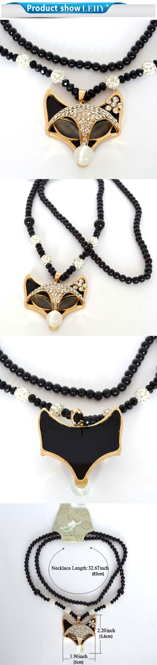 Shamballa Long Black Beads Opal Crystal Fox Pendant Necklace