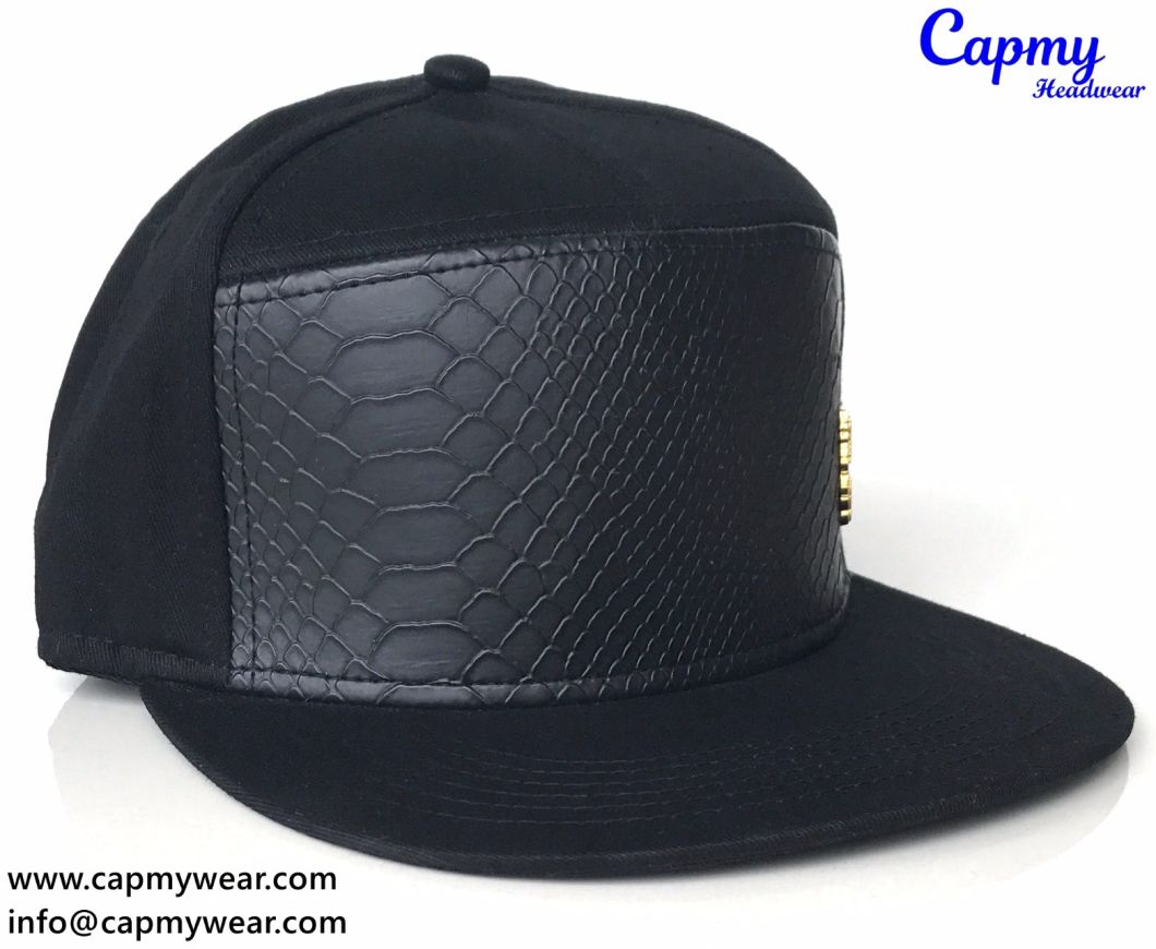 New Design Black Leather Crown Snapback Cap