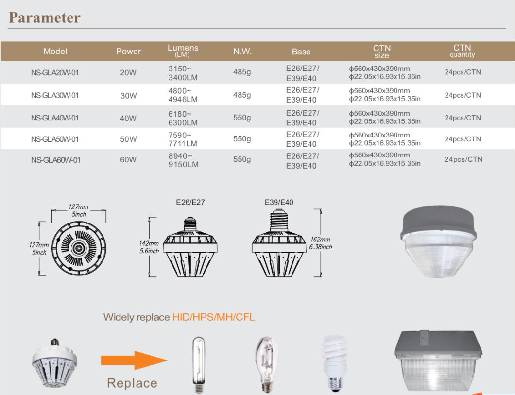 50watt E40 LED Warehouse Light Bulb Garden Light