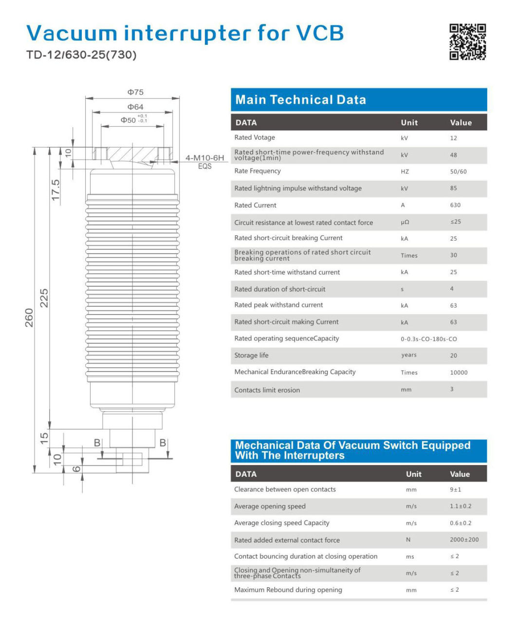 Vacuum Interrupter for Vcb Td-12/630-25 (730)