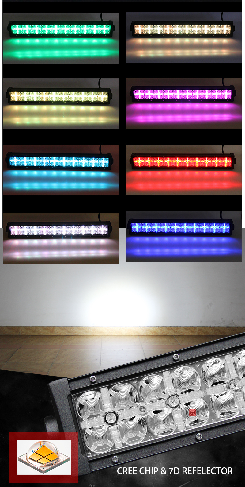 7D RGB DRL 22 Inch 2 Row 4X4 LED Light Bar Offroad, 12V 24 Volt Waterproof 4X4 LED Light Bar