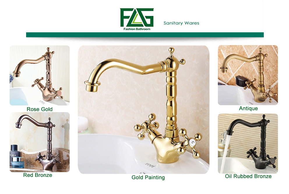 FLG Gold Painting Deck Mounted Double Handles Bath Basin Faucet