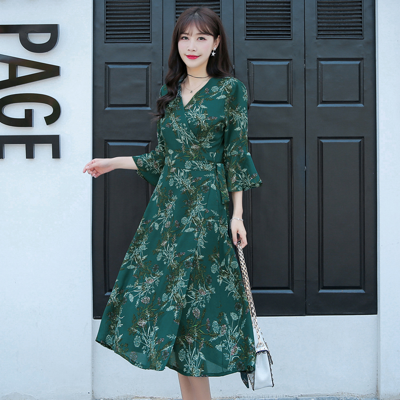 Small Fresh Floral Trumpet Sleeve Bottom Chiffon Women Dress