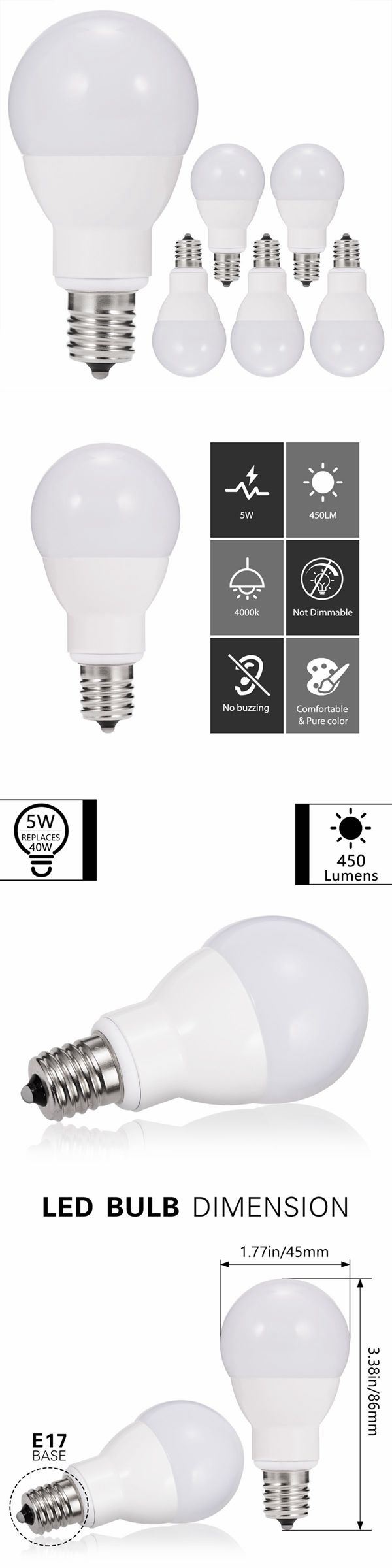 40W Equivalent 5W Natural Daylight White 4000K E17 Globe Light Bulbs for Home Lighting