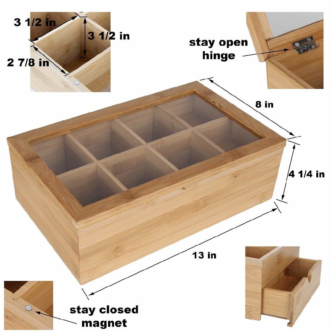 Natural Bamboo Tea Box with Slide out Drawer 8 Divided Sections with Window Top