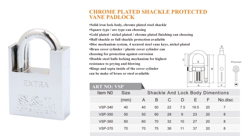 Chrome Plated Shackle Protected Vane Padlock