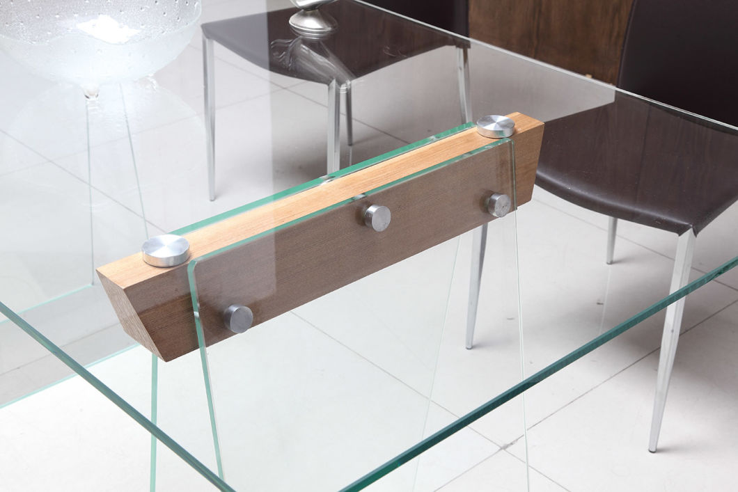 Clear Tempered Glass Dining Table with Chou-Heung Veneer Wood