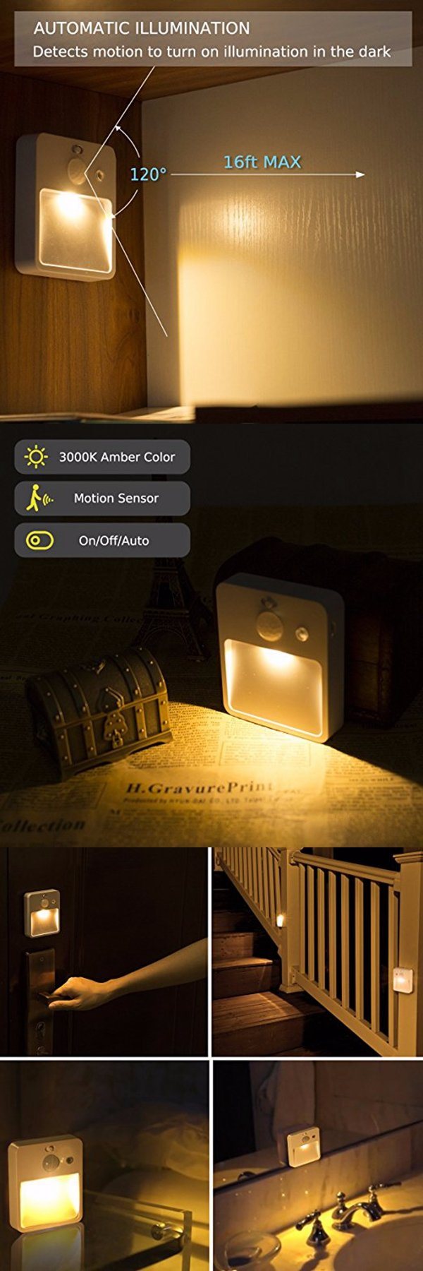 0.5W Motion Sensor Cabinet Lights USB Rechargeable LED Night Lights for Hallway, Closet, Bedroom